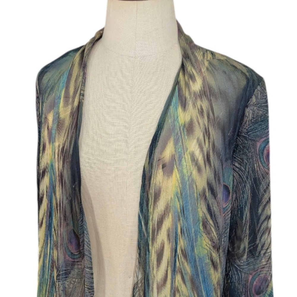 Chenault sheerchiffon peacock Kimono jacket duster, W/ knot/tie front. Medium. - Picture 11 of 16